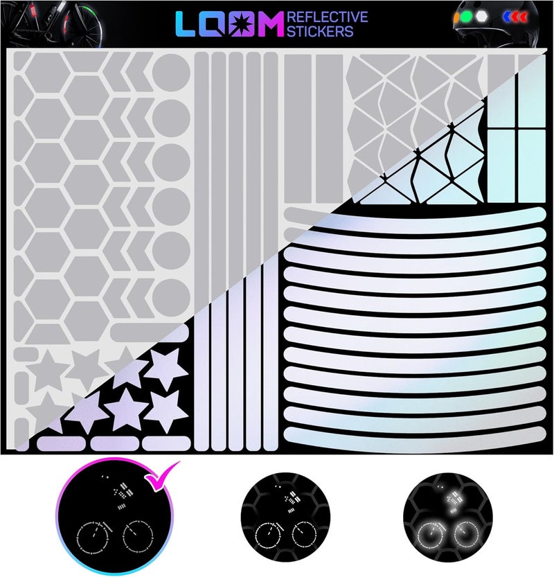 Loom Reflective Stickers Mega Kit (101pcs WHI-Gray)• Nighttime Safety Waterproof Self-Adhesive Decals for Helmets, Skateboard, Bike, Scooter, E-Bike, Motorcycle & Strollers • Bright Colors - Image 1